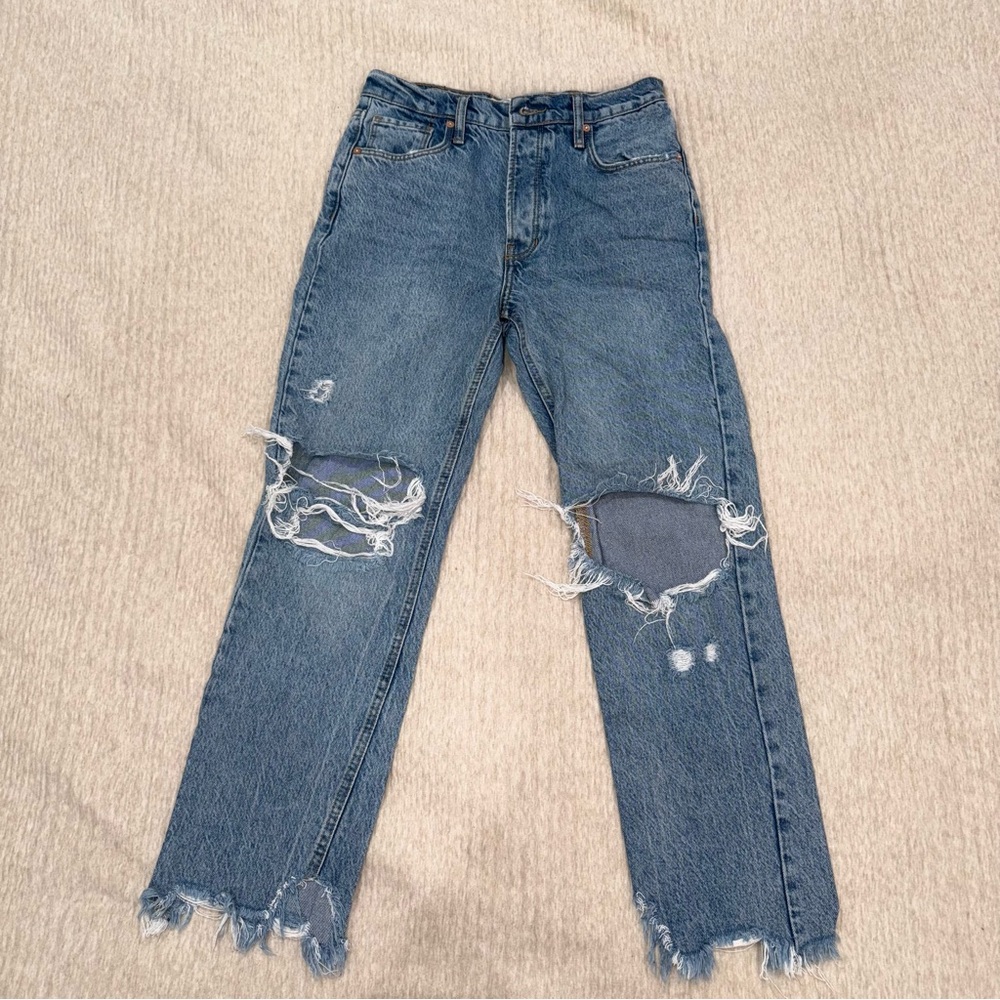 We The Free Free People Blue Distressed Straight Leg Jeans
